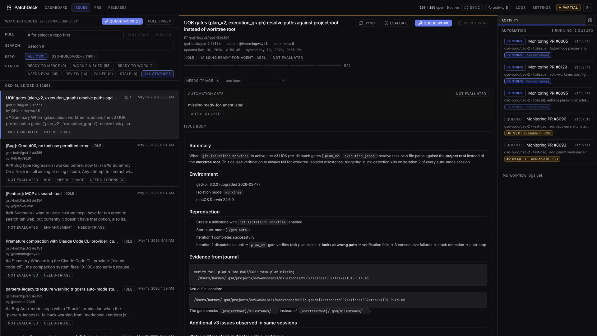 The PatchDeck issues page showing issue bodies, labels, work state, failed attempts and linked pull requests.