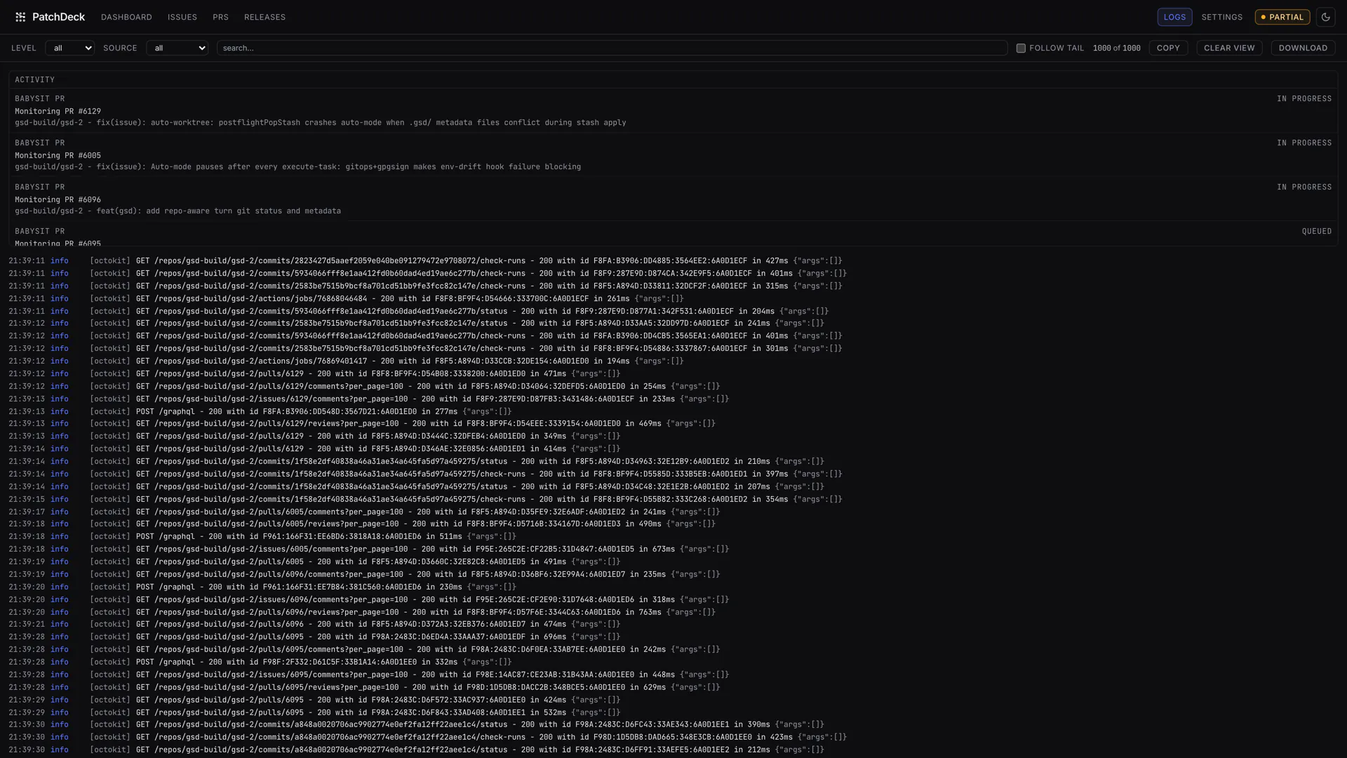 The PatchDeck logs page with filtering, search and live tailing of structured server log records.